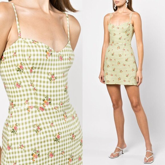 Reformation Roarke Linen Mini Dress Patio — Green Gingham Floral Print | Size 0 - Picture 1 of 6